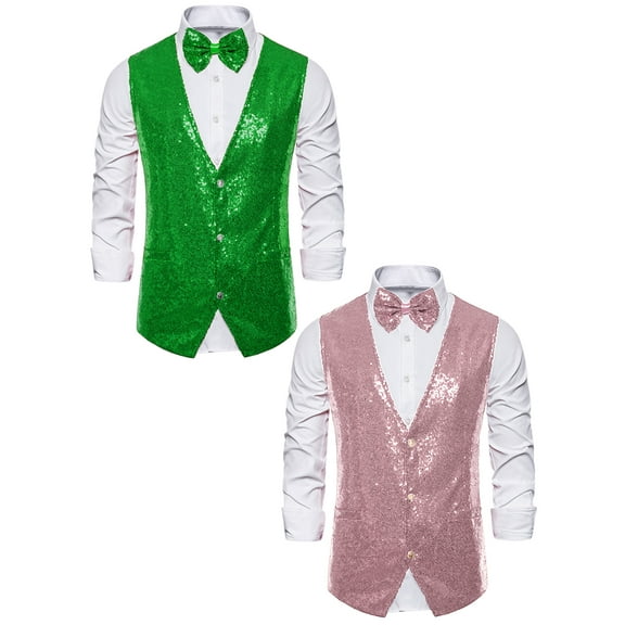 NOMADIC NOOK Men's Glitter Sequin Waistcoat Party Suit Vest with Bow Tie 2 Pack