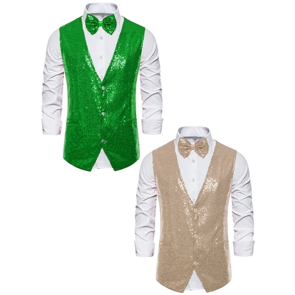 NOMADIC NOOK Men's Glitter Sequin Waistcoat Party Suit Vest with Bow Tie 2 Pack