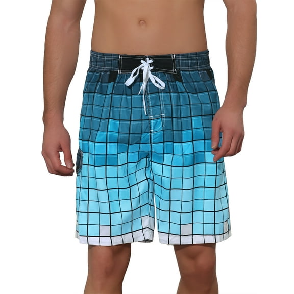 NOMADIC NOOK Men's Hawaiian Drawstring Waist Color Block Plaid Board Shorts 2 Pack