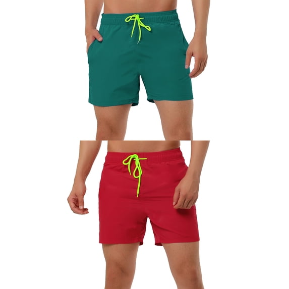 NOMADIC NOOK Men's Holiday Beach Solid Color Mesh Lining Adjustable Waist Swim Shorts 2 Pack
