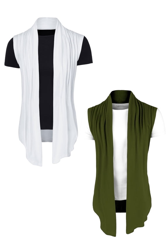 Men's Open Front Solid Ruffle Collar Cardigan Vest 2 Packs