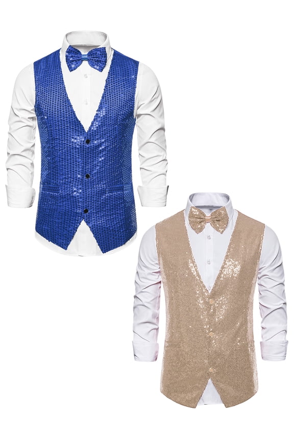 Men's Sequin Waistcoat Sleeveless Dress Suit Vest with Bow Tie 2 Pack