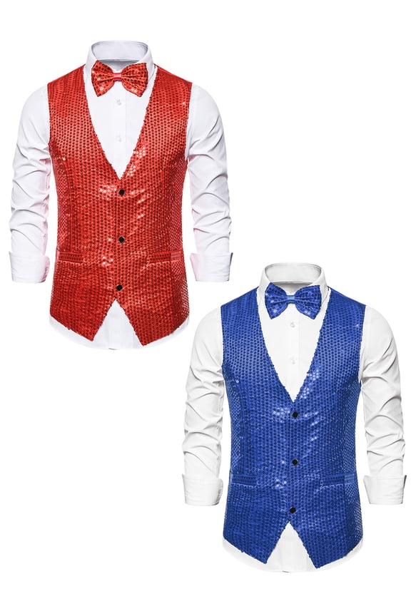 Men's Sequin Waistcoat Sleeveless Dress Suit Vest with Bow Tie 2 Pack
