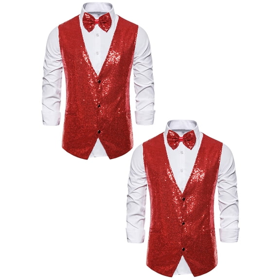 NOMADIC NOOK Men's Shiny Disco Sequin Suit Waistcoat Set with Bow Tie 2 Packs