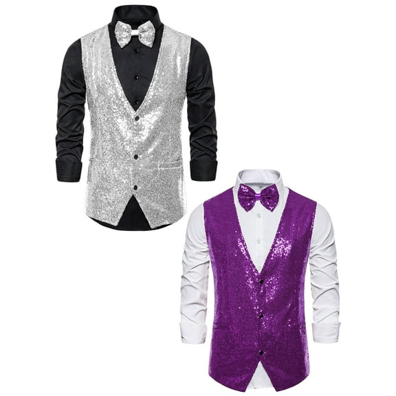 NOMADIC NOOK Men's Shiny Party Sequin Sleeveless Tuxedo Vest Set with Bow Tie 2 Packs