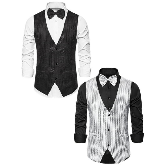 NOMADIC NOOK Men's Shiny Party Sequin Waistcoat Sleeveless Suit Vest with Bow Tie 2 Pack