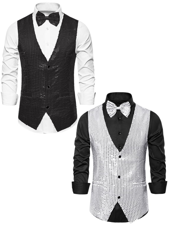 Men's Shiny Party Sequin Waistcoat Sleeveless Suit Vest with Bow Tie 2 Pack