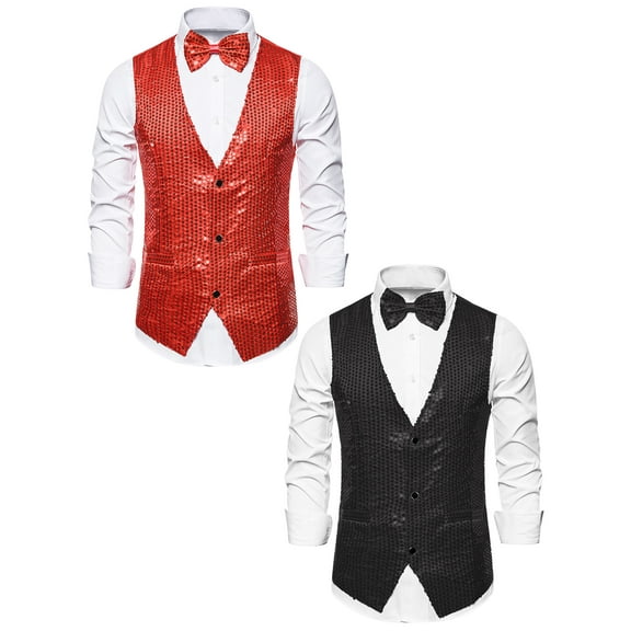 NOMADIC NOOK Men's Shiny Party Sequin Waistcoat Sleeveless Suit Vest with Bow Tie 2 Pack
