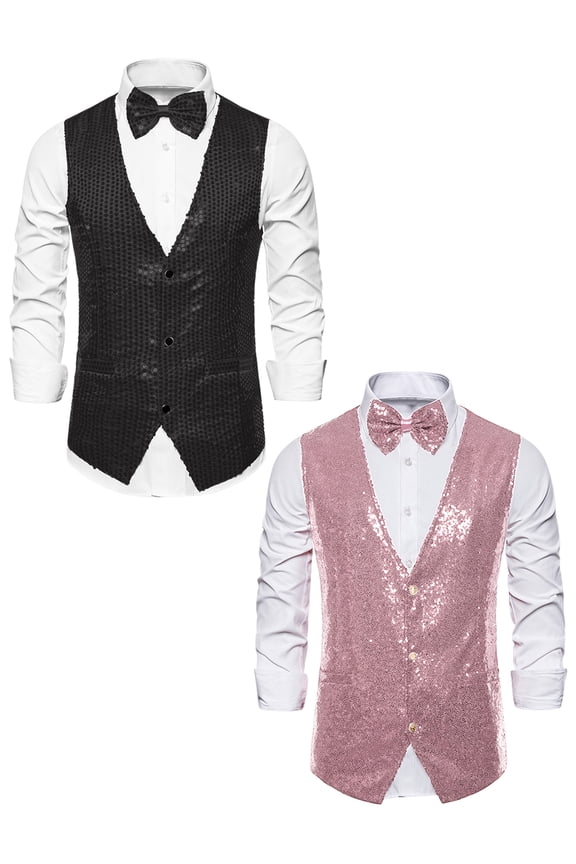 Men's Shiny Party Sequin Waistcoat Sleeveless Suit Vest with Bow Tie 2 Pack