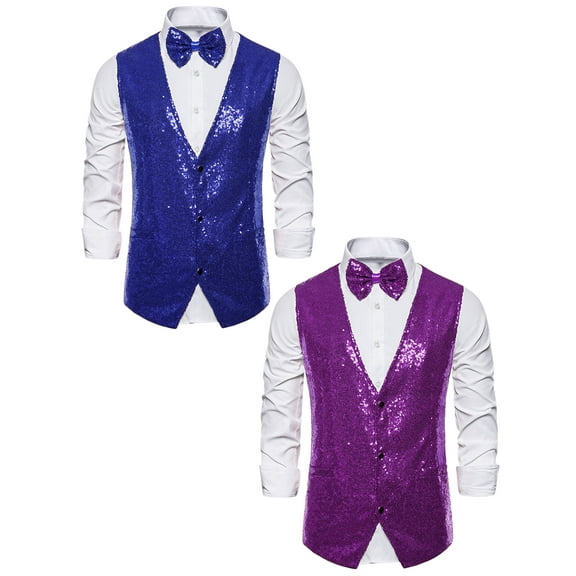 NOMADIC NOOK Men's Shiny Sequin Sleeveless Suit Vest Set with Bow Tie 2 Packs