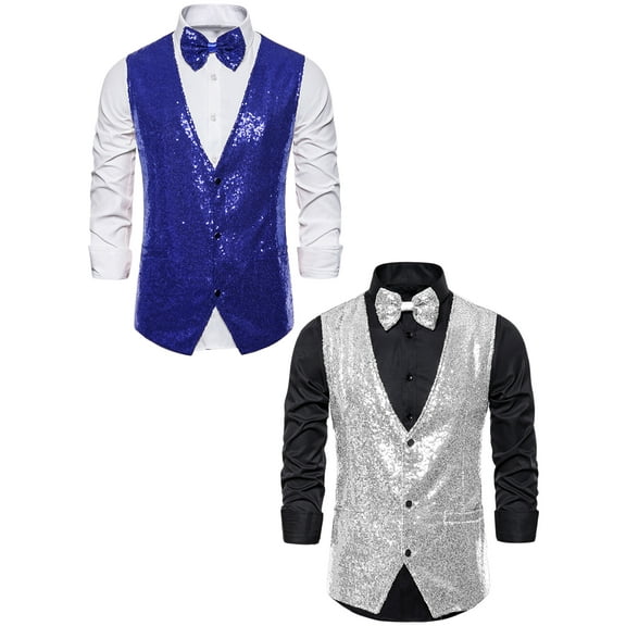 NOMADIC NOOK Men's Shiny Sequin Sleeveless Suit Vest Set with Bow Tie 2 Packs