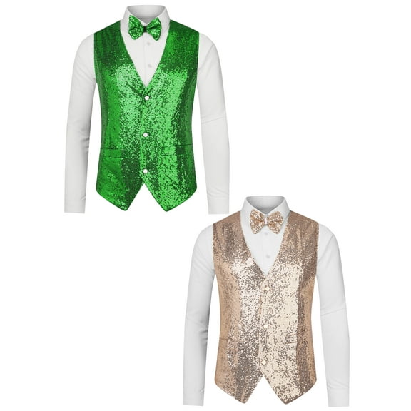 NOMADIC NOOK Men's Shiny Sequin Sleeveless Suit Vest Set with Bow Tie 2 Packs