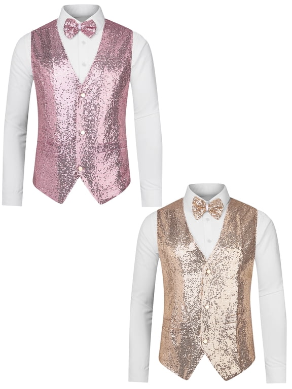 Men's Shiny Sequin Sleeveless Suit Vest Set with Bow Tie 2 Packs