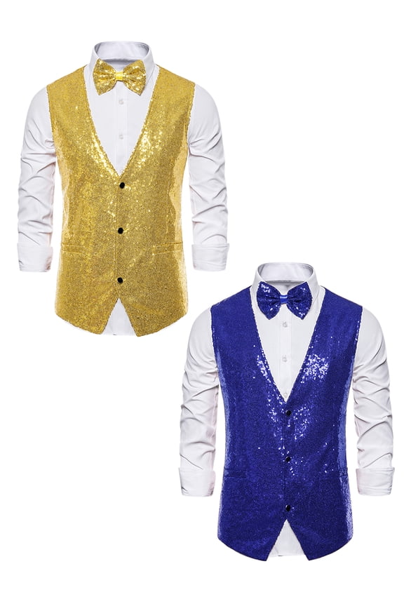 Men's Shiny Sequin Sleeveless Suit Vest Set with Bow Tie 2 Packs