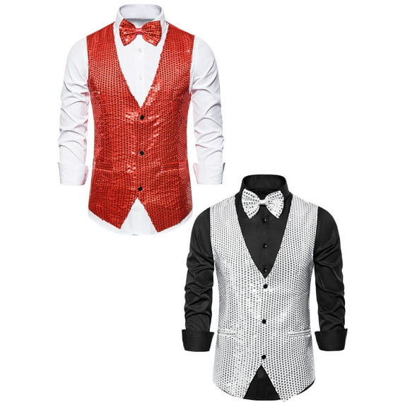 NOMADIC NOOK Men's Shiny Sequin Waistcoat Sleeveless Sparkle Suit Vest with Bow Tie 2 Pack