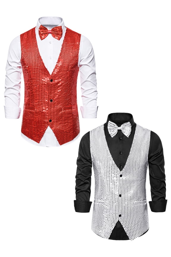Men's Shiny Sequin Waistcoat Sleeveless Sparkle Suit Vest with Bow Tie 2 Pack