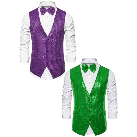 NOMADIC NOOK Men's Shiny Sleeveless Sequin Suit Vest with Bow Tie 2 Pack