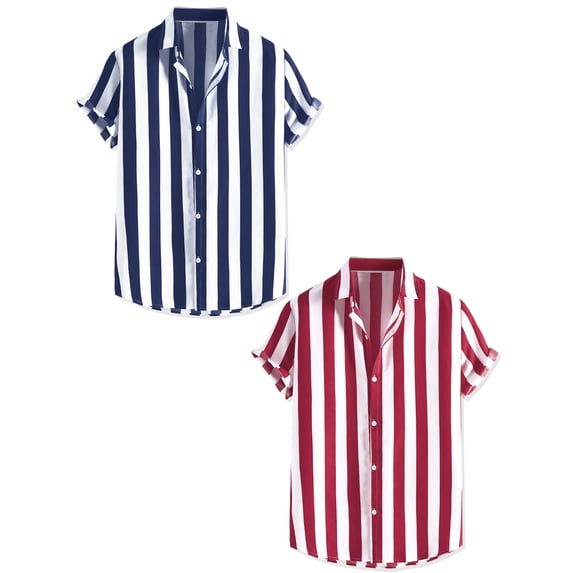 NOMADIC NOOK Men's Short Sleeved Color Block Button Down Beach Stripe Shirt 2 Pack