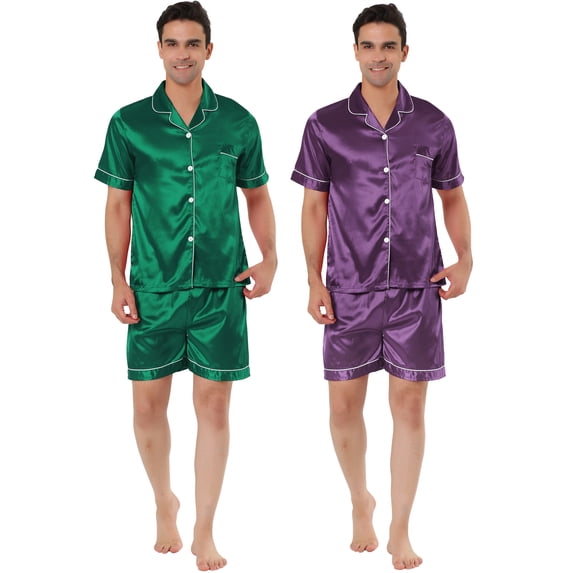 NOMADIC NOOK Men's Short Sleeves Top and Pants Summer Satin Pajama Sets 2 Pack