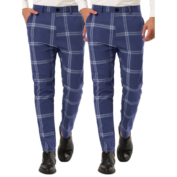 NOMADIC NOOK Men's Slim Fit Flat Front Checked Printed Business Pants 2 Pack