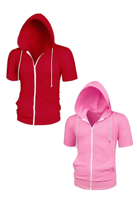 Men's Solid Color Summer Adjustable Drastring Zip Hoodies Sweatshirt 2 Pack