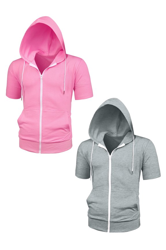 Men's Solid Color Summer Adjustable Drastring Zip Hoodies Sweatshirt 2 Pack