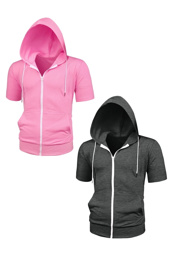 Men's Solid Color Summer Adjustable Drastring Zip Hoodies Sweatshirt 2 Pack