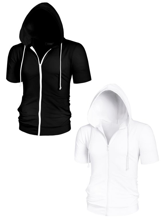 Men's Solid Color Zip Up Short Sleeves Hoodies Sweatshirt 2 Pack