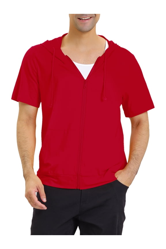 Men's Solid Color Zip Up Short Sleeves Sweatshirt with Drawstring Hood 2 Pack