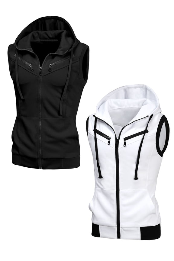 Men's Solid Color Zipper Drawstring Hoodie Vest 2 Packs