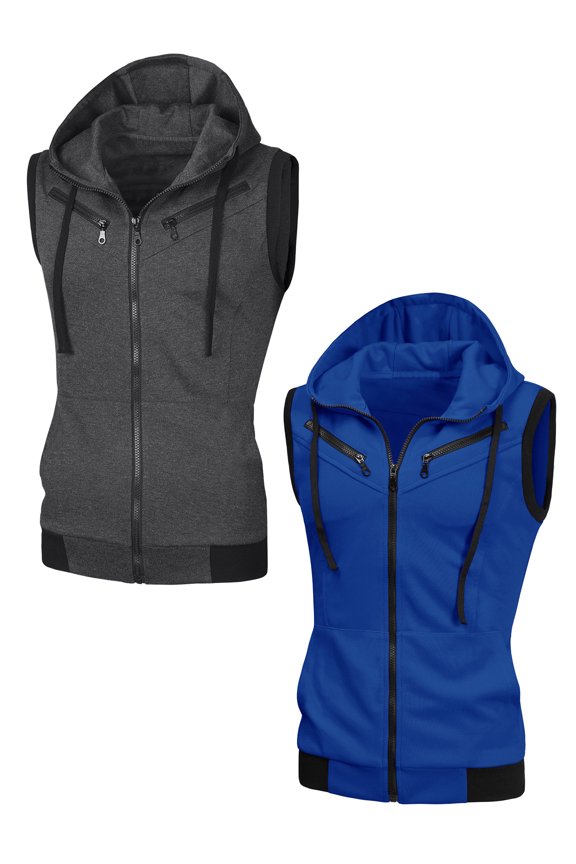 Men's Solid Color Zipper Drawstring Hoodie Vest 2 Packs