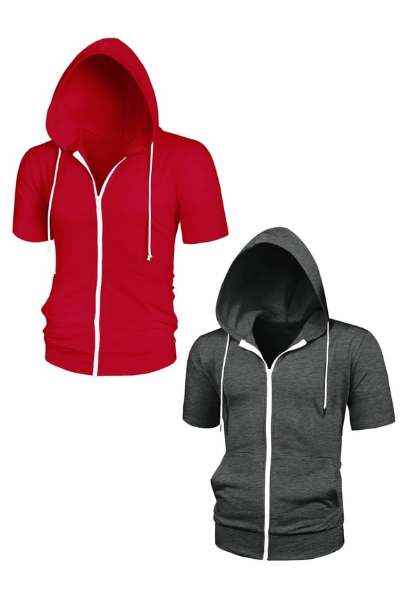 Men's Solid Full Zip Short Sleeves Hooded Sweatshirt 2 Pack