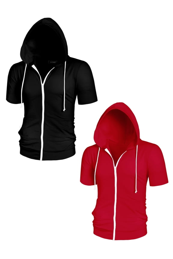 Men's Solid Full Zip Short Sleeves Hooded Sweatshirt 2 Pack