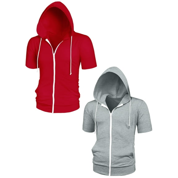 NOMADIC NOOK Men's Solid Full Zip Short Sleeves Hooded Sweatshirt 2 Pack