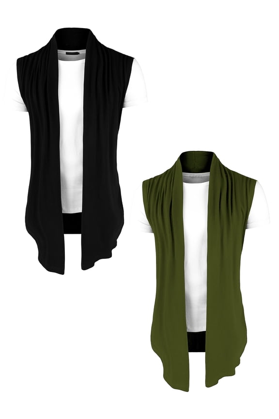 Men's Solid Ruffle Shawl Collar Cardigan Vest 2 Packs