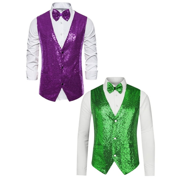 NOMADIC NOOK Men's Sparkle Sequin Sleeveless Waistcoat Set with Bow Tie 2 Packs