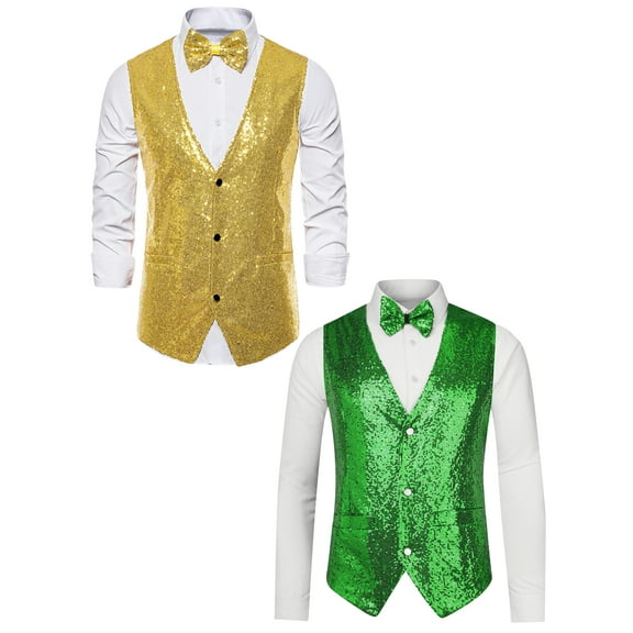 NOMADIC NOOK Men's Sparkle Sequin Sleeveless Waistcoat Set with Bow Tie 2 Packs