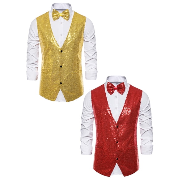 NOMADIC NOOK Men's Sparkle Sequin Sleeveless Waistcoat Set with Bow Tie 2 Packs