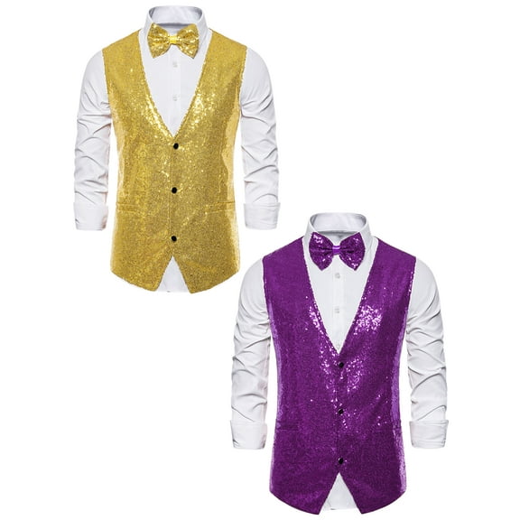 NOMADIC NOOK Men's Sparkle Sequin Sleeveless Waistcoat Set with Bow Tie 2 Packs
