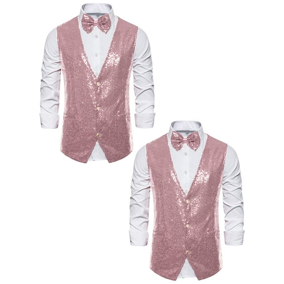 NOMADIC NOOK Men's Sparkle Sequin Suit Vest V Neck Waistcoat with Bow Tie 2 Pack