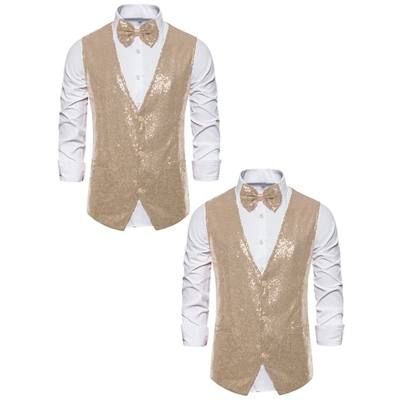 NOMADIC NOOK Men's Sparkle Sequin Suit Vest V Neck Waistcoat with Bow Tie 2 Pack