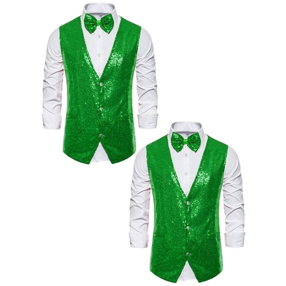 NOMADIC NOOK Men's Sparkle Sequin Suit Vest V Neck Waistcoat with Bow Tie 2 Pack