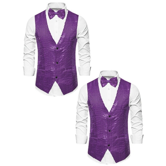 NOMADIC NOOK Men's Sparkly Sequin Sleeveless Dress Suit Vest with Bow Tie 2 Pack