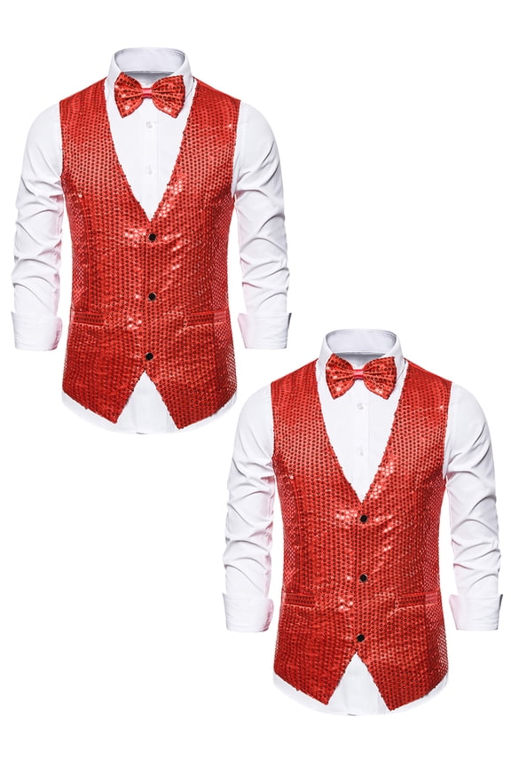 Men's Sparkly Sequin Sleeveless Dress Suit Vest with Bow Tie 2 Pack