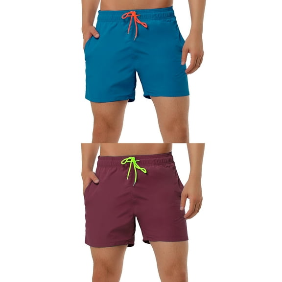 NOMADIC NOOK Men's Summer Beach Solid Bathing Suit Drawstring Waist Swim Shorts 2 Pack