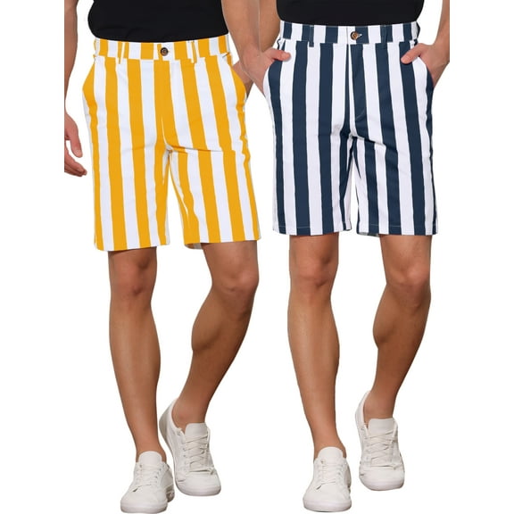 NOMADIC NOOK Men's Summer Regular Fit Flat Front Chino Striped Dress Shorts 2 Packs