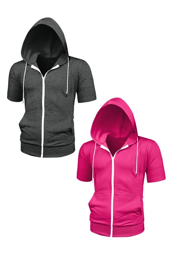 Men's Summer Solid Zip Up Lightweight Short Sleeves Hoodies Sweatshirt 2 Pack