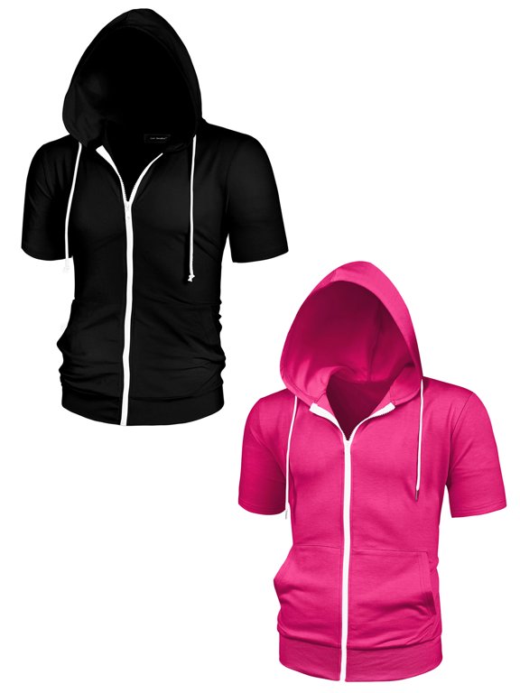 Men's Summer Solid Zip Up Lightweight Short Sleeves Hoodies Sweatshirt 2 Pack