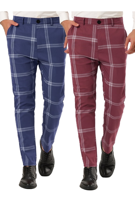 Men's Zip-up Flat Front Checked Printed Business Trousers 2 Pack
