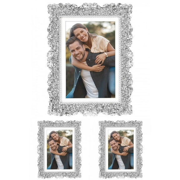 NOMADIC NOOK Modern Plated Picture Frame with Crystal for Wedding, Shiny Photo Frames with Clear Glass Horizontally or Vertically Silver Rectangle -3Pcs 4x6
